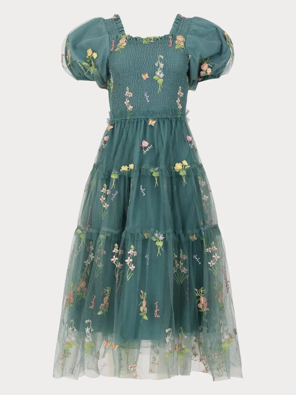 JessaKae Green Floral Embroidered Tulle Party Dress